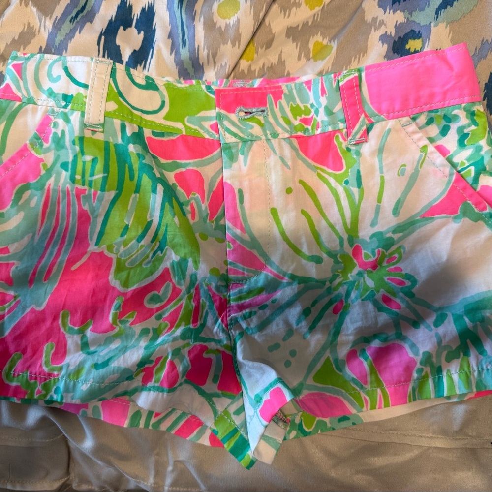 Girls Lilly Pulitzer Neon Floral Cotton Bermuda Shorts - Pink, Green, White